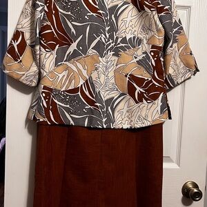 Brown and Gray Leaf Print Top and Skirt Set